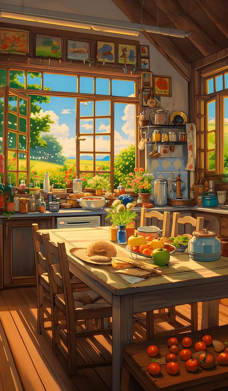 graphic warm sunny anime style morning window kitchen table breakfast